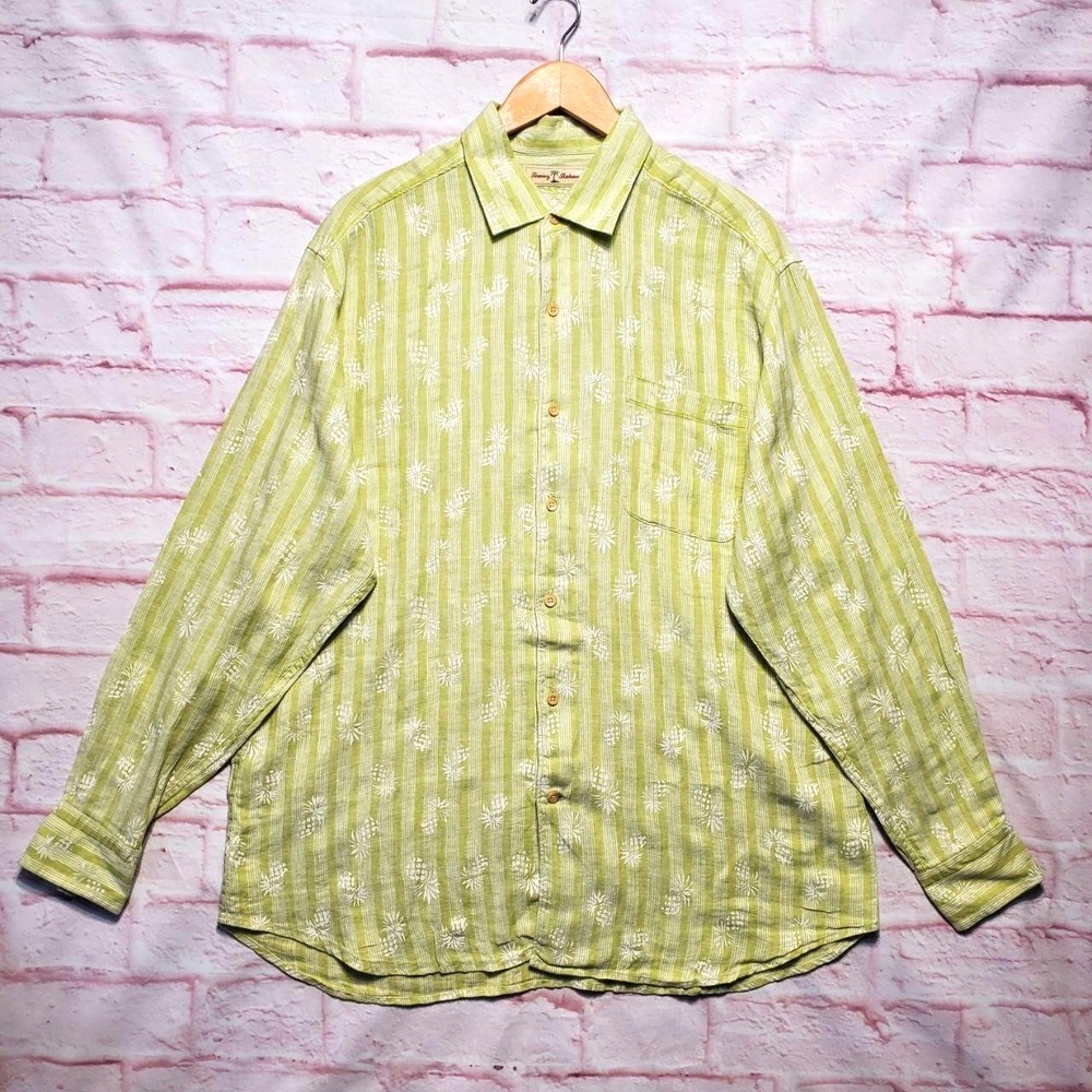Tommy Bahama 100% Linen Button Down Shirt Mens Large Green Pineapple Tropical